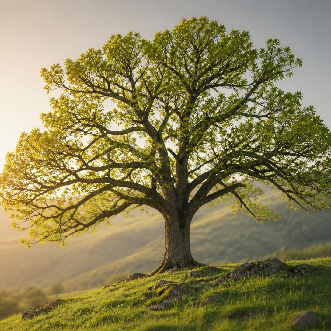 Starker Baum auf einem Hügel als Symbol für Wachstum und Stabilität